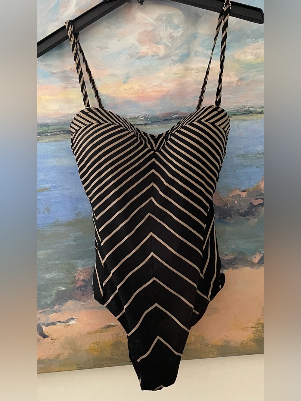 Calvin Klein Black & Taupe Chevron Stripe One-Piece Swimsuit